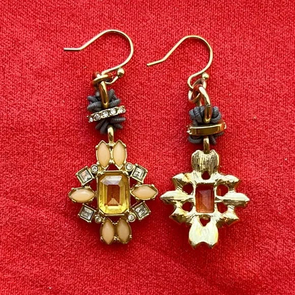 Gold tone dangling earrings with yellow, peach, clear crystals and grey accents - Picture 2 of 3